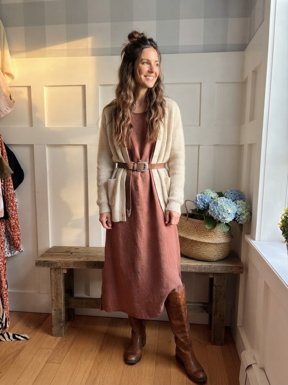 Rust Midi Dress with Cream Cardigan and Belted Waist 14